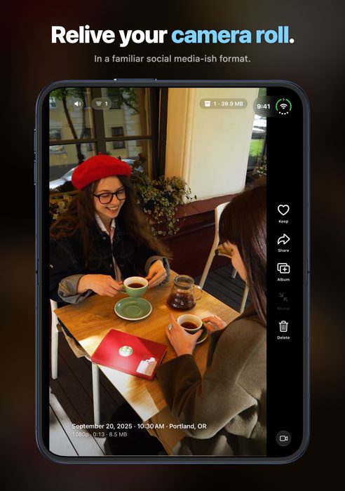 Cloudfull open in a tall layout on iPhone Duo, playing a video at a café table.