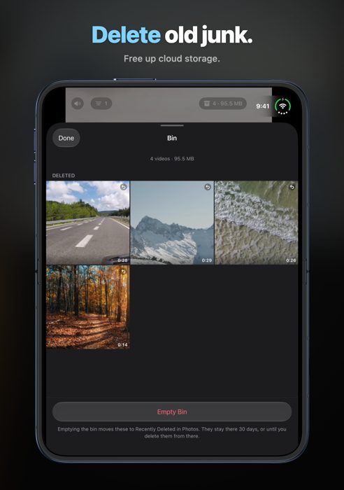 The Bin open on Cloudfull, showing four deleted videos that can still be restored.