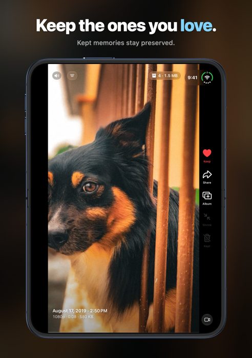 Cloudfull open in a tall layout on iPhone Duo, playing a video of a dog, with Keep highlighted in red.