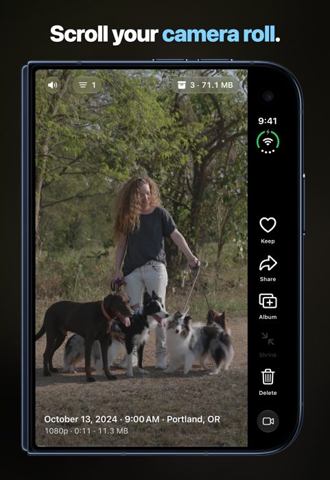 Cloudfull closed on iPhone Duo, playing a video of a woman walking five dogs.
