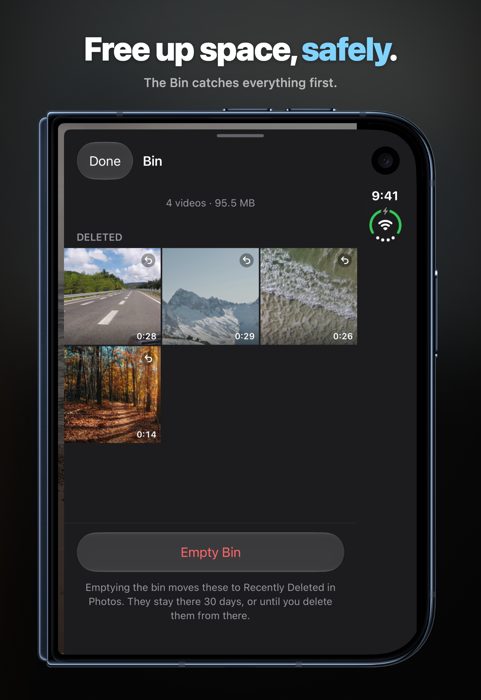 The Bin open on Cloudfull's outer screen, showing four deleted videos and the option to empty it.
